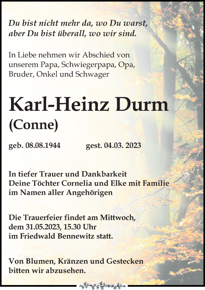  Traueranzeige für Karl-Heinz Durm vom 11.03.2023 aus Leipziger Volkszeitung