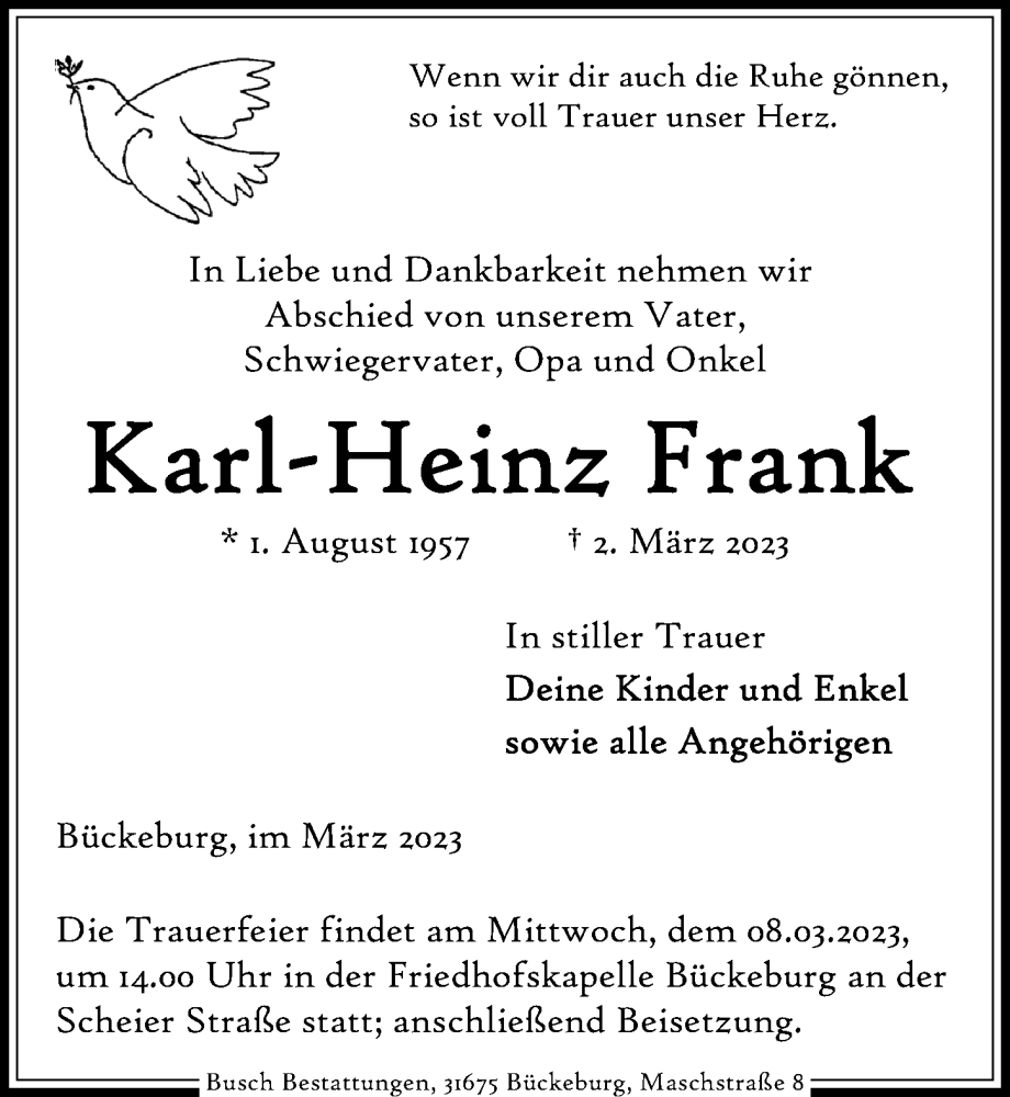  Traueranzeige für Karl-Heinz Frank vom 07.03.2023 aus Aller Zeitung