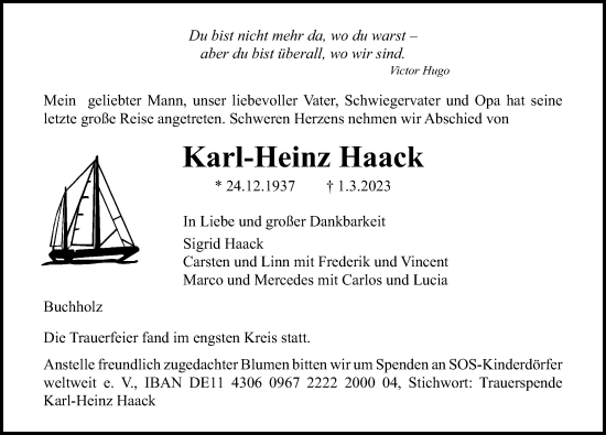 Traueranzeige von Karl-Heinz Haack von Lübecker Nachrichten