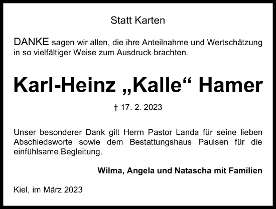 Traueranzeige von Karl-Heinz  Hamer von Kieler Nachrichten