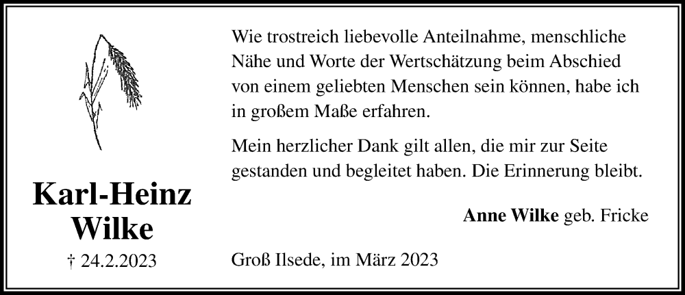  Traueranzeige für Karl-Heinz Wilke vom 25.03.2023 aus Peiner Allgemeine Zeitung
