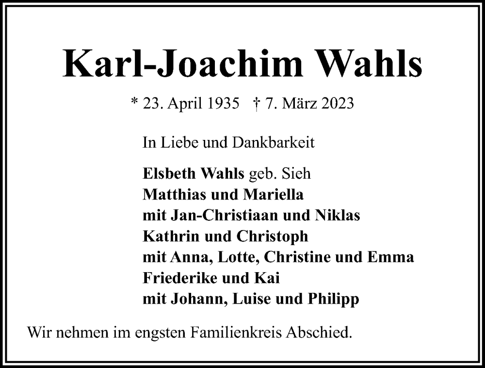  Traueranzeige für Karl-Joachim Wahls vom 12.03.2023 aus Lübecker Nachrichten