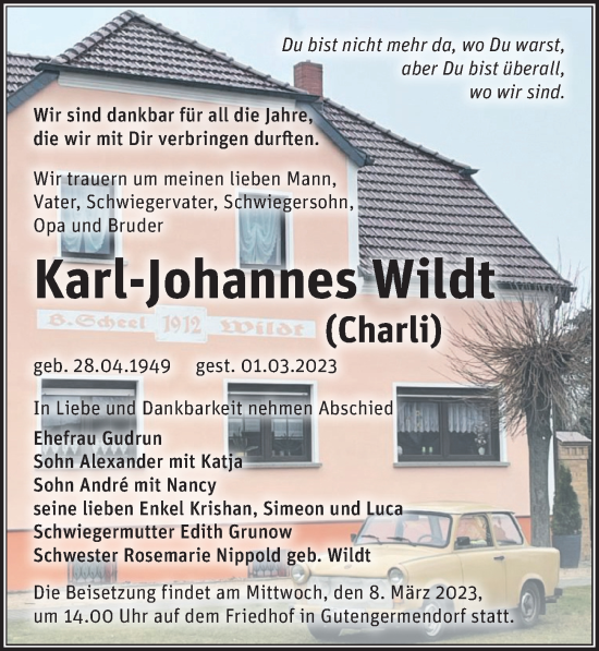 Traueranzeige von Karl-Johannes Wildt von Märkischen Allgemeine Zeitung