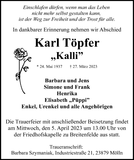 Traueranzeige von Karl Töpfer von Lübecker Nachrichten