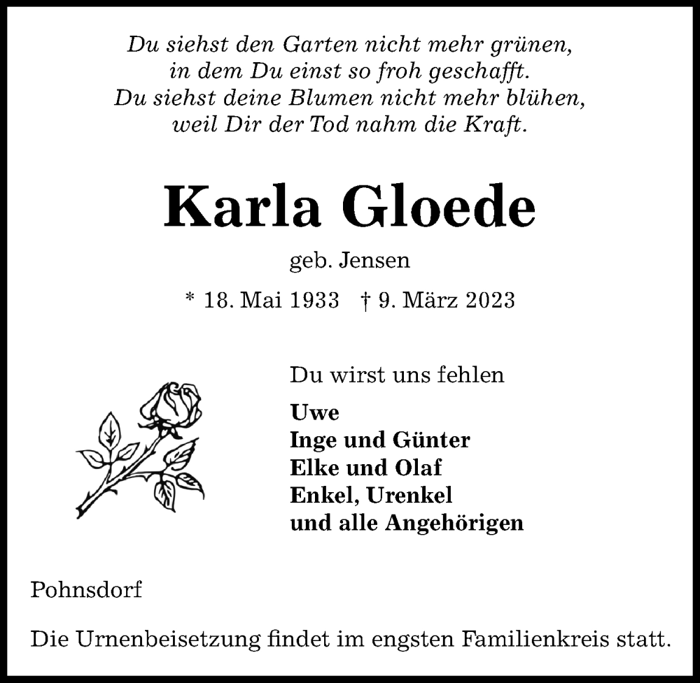  Traueranzeige für Karla Gloede vom 18.03.2023 aus Lübecker Nachrichten