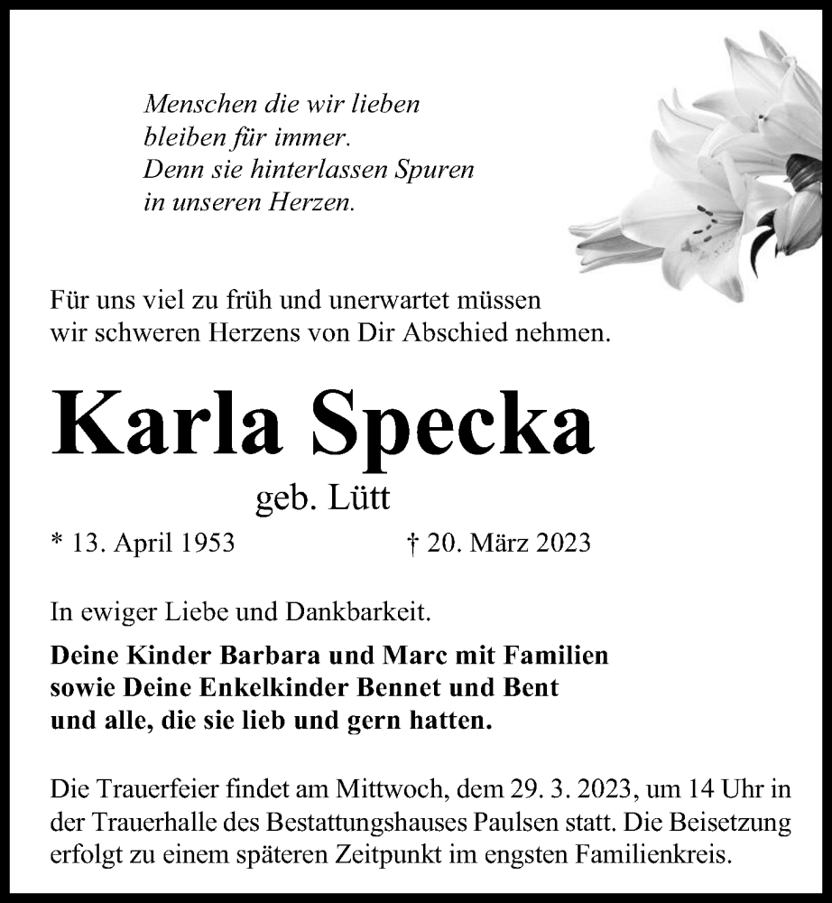  Traueranzeige für Karla Specka vom 25.03.2023 aus Kieler Nachrichten