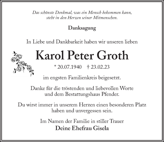 Traueranzeige von Karol Peter Groth von Märkischen Allgemeine Zeitung