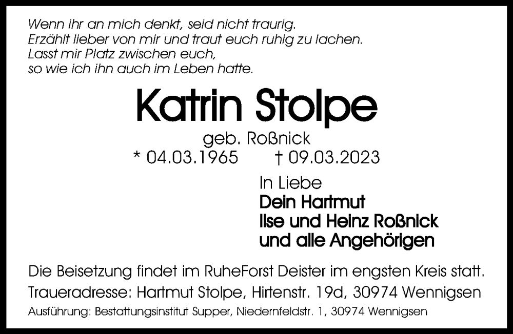  Traueranzeige für Katrin Stolpe vom 18.03.2023 aus Hannoversche Allgemeine Zeitung/Neue Presse