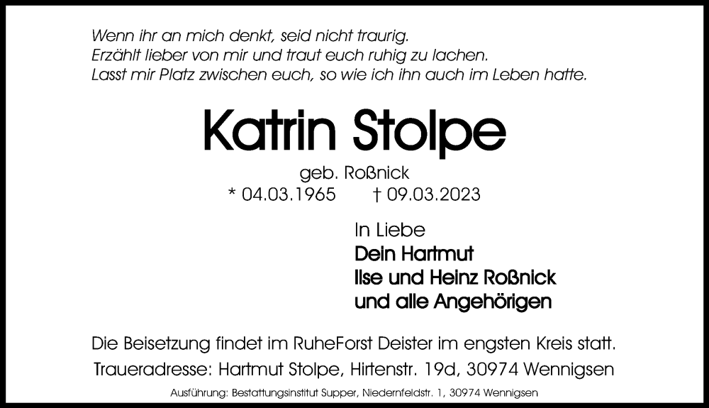  Traueranzeige für Katrin Stolpe vom 18.03.2023 aus Hannoversche Allgemeine Zeitung/Neue Presse