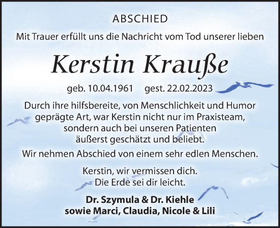 Traueranzeige von Kerstin Krauße von Leipziger Volkszeitung
