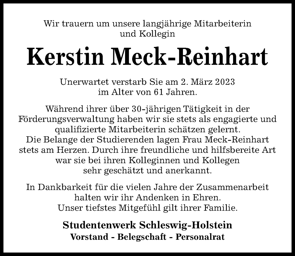  Traueranzeige für Kerstin Meck-Reinhart vom 11.03.2023 aus Kieler Nachrichten