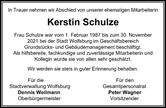 Traueranzeige von Kerstin Schulze von Aller Zeitung