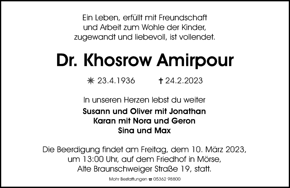  Traueranzeige für Khosrow Amirpour vom 04.03.2023 aus Aller Zeitung