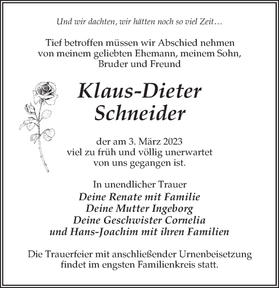 Traueranzeige von Klaus-Dieter Schneider von Märkischen Allgemeine Zeitung