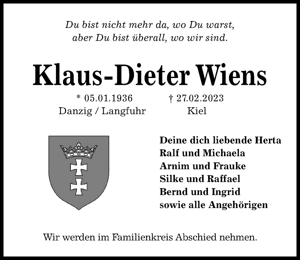  Traueranzeige für Klaus-Dieter Wiens vom 04.03.2023 aus Kieler Nachrichten