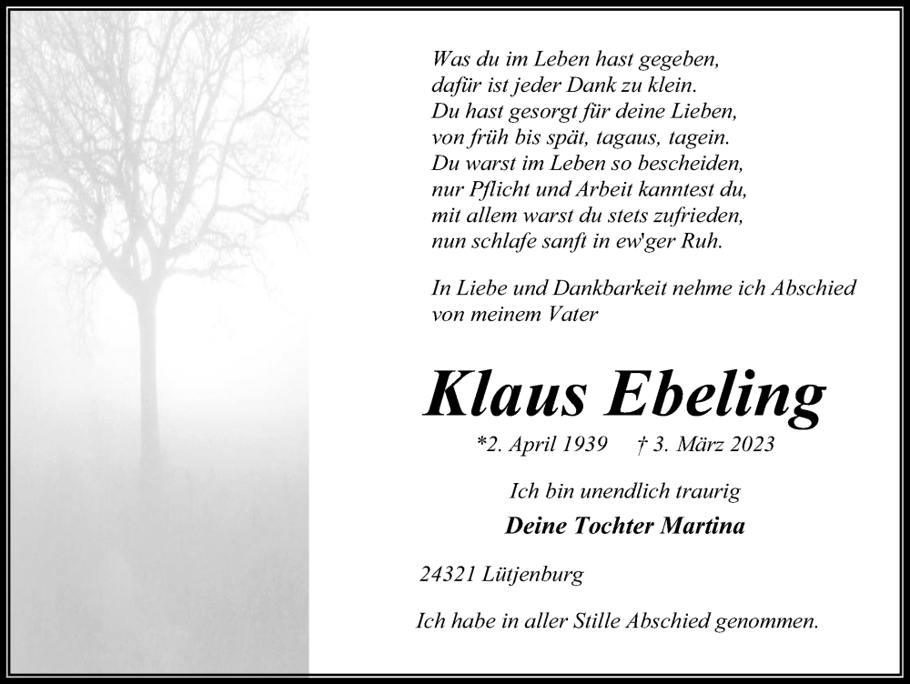  Traueranzeige für Klaus Ebeling vom 18.03.2023 aus Kieler Nachrichten