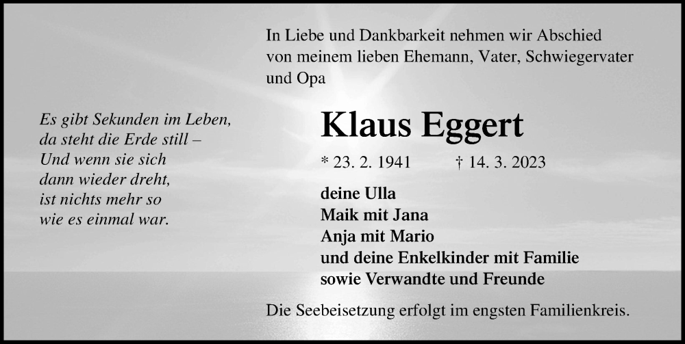  Traueranzeige für Klaus Eggert vom 25.03.2023 aus Ostsee-Zeitung GmbH