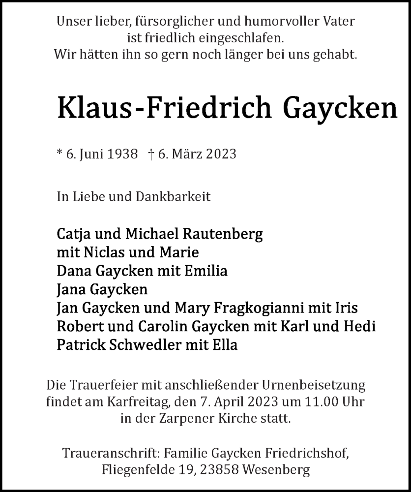  Traueranzeige für Klaus-Friedrich Gaycken vom 19.03.2023 aus Lübecker Nachrichten