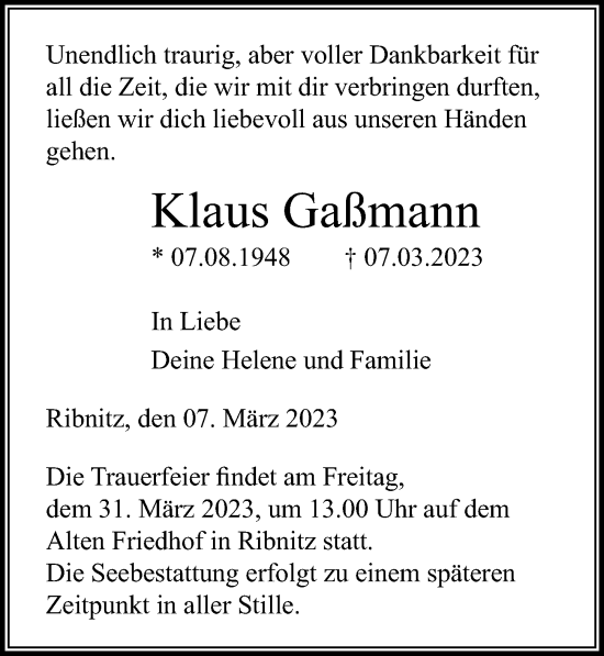 Traueranzeige von Klaus Gaßmann von Ostsee-Zeitung GmbH