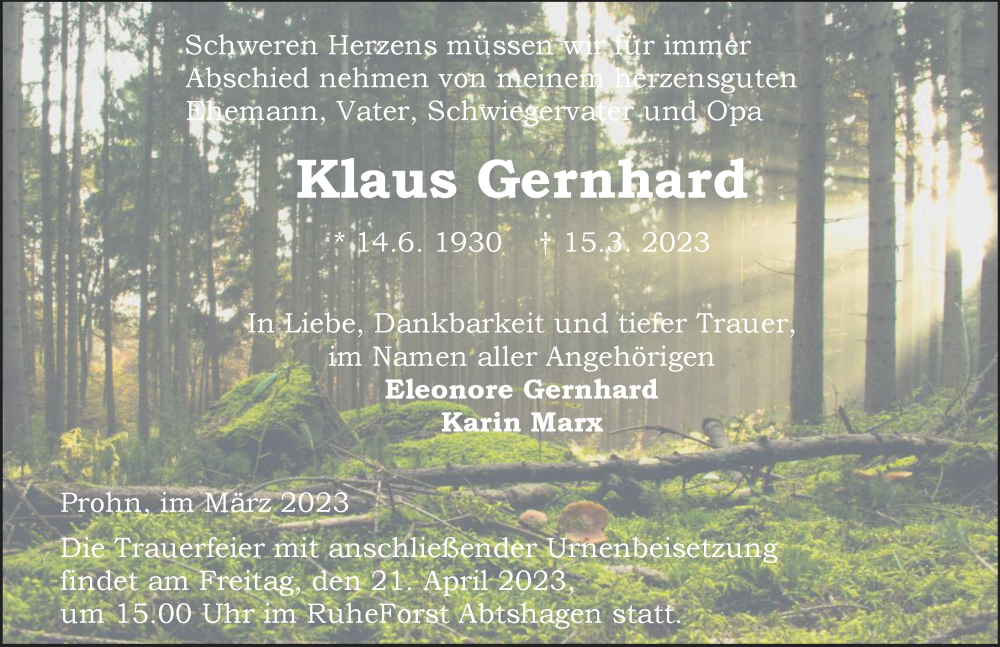  Traueranzeige für Klaus Gernhard vom 18.03.2023 aus Ostsee-Zeitung GmbH