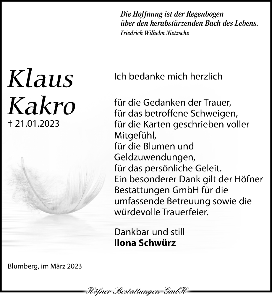  Traueranzeige für Klaus Kakro vom 25.03.2023 aus Torgauer Zeitung