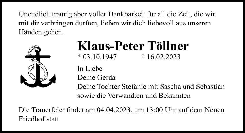  Traueranzeige für Klaus-Peter Töllner vom 04.03.2023 aus Ostsee-Zeitung GmbH