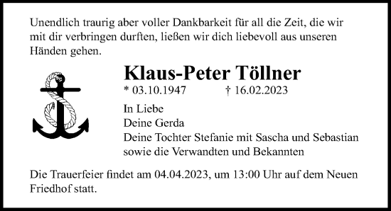 Traueranzeige von Klaus-Peter Töllner von Ostsee-Zeitung GmbH