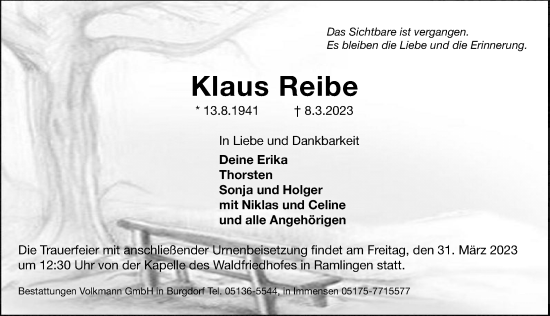 Traueranzeige von Klaus Reibe von Hannoversche Allgemeine Zeitung/Neue Presse