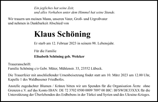 Traueranzeige von Klaus Schöning von Lübecker Nachrichten