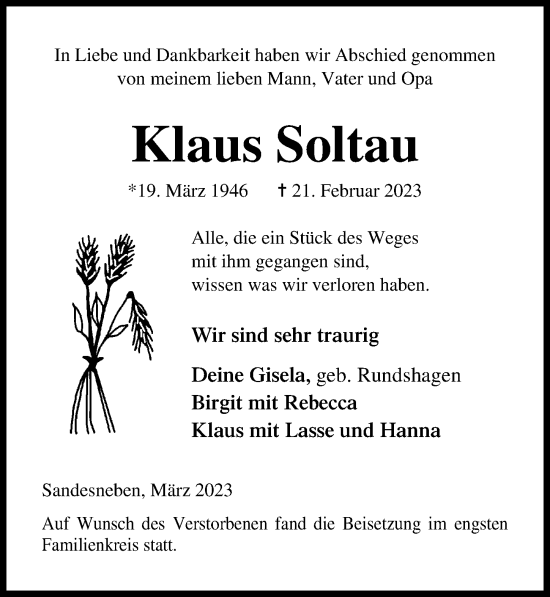 Traueranzeige von Klaus Soltau von Lübecker Nachrichten