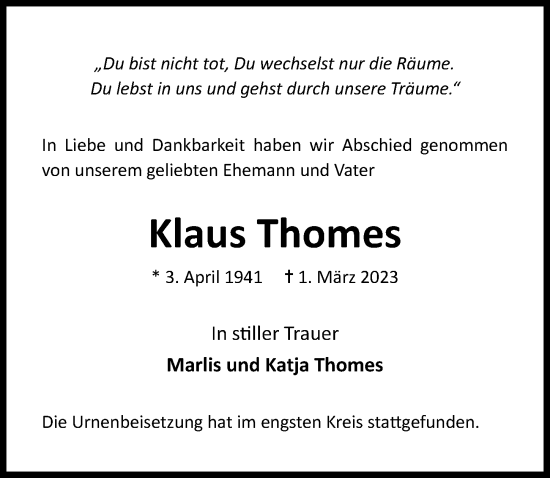 Traueranzeige von Klaus Thomes von Lübecker Nachrichten