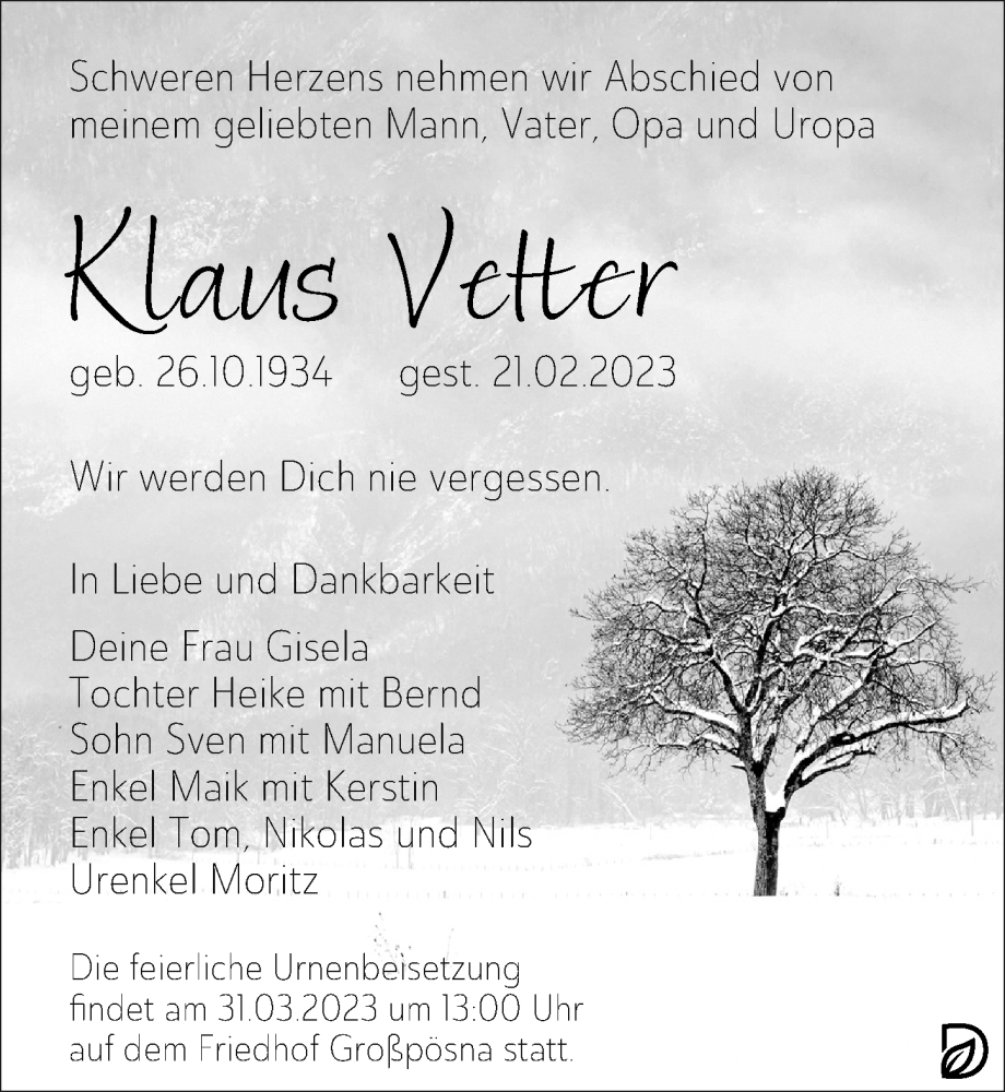  Traueranzeige für Klaus Vetter vom 04.03.2023 aus Leipziger Volkszeitung