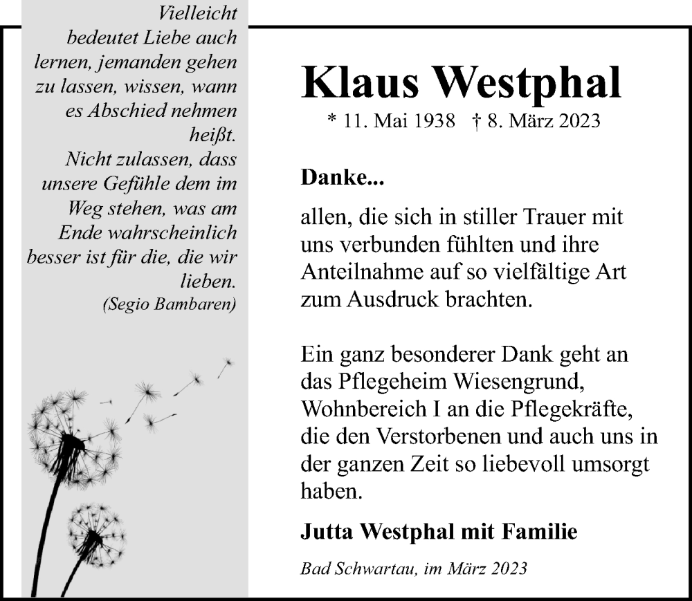  Traueranzeige für Klaus Westphal vom 26.03.2023 aus Lübecker Nachrichten