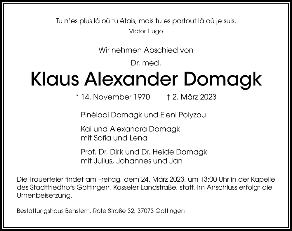 Traueranzeige für Klaus Alexander Domagk vom 18.03.2023 aus Göttinger Tageblatt