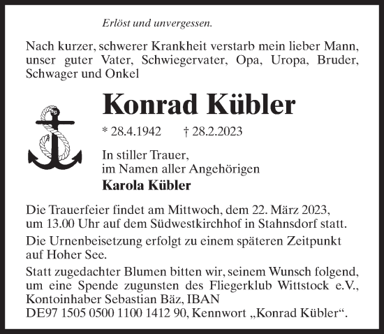 Traueranzeige von Konrad Kübler von Märkischen Allgemeine Zeitung