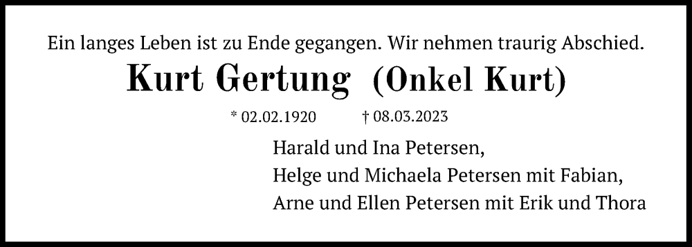  Traueranzeige für Kurt Gertung vom 18.03.2023 aus Kieler Nachrichten