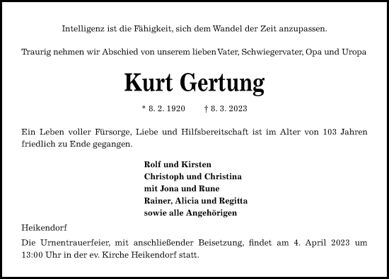 Traueranzeige von Kurt Gertung von Kieler Nachrichten