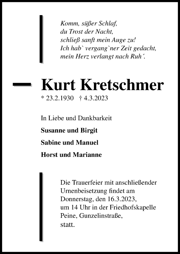  Traueranzeige für Kurt Kretschmer vom 11.03.2023 aus Peiner Allgemeine Zeitung