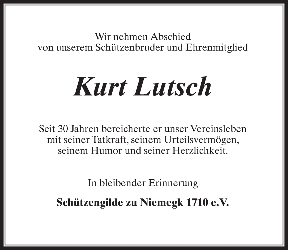  Traueranzeige für Kurt Lutsch vom 18.03.2023 aus Märkischen Allgemeine Zeitung