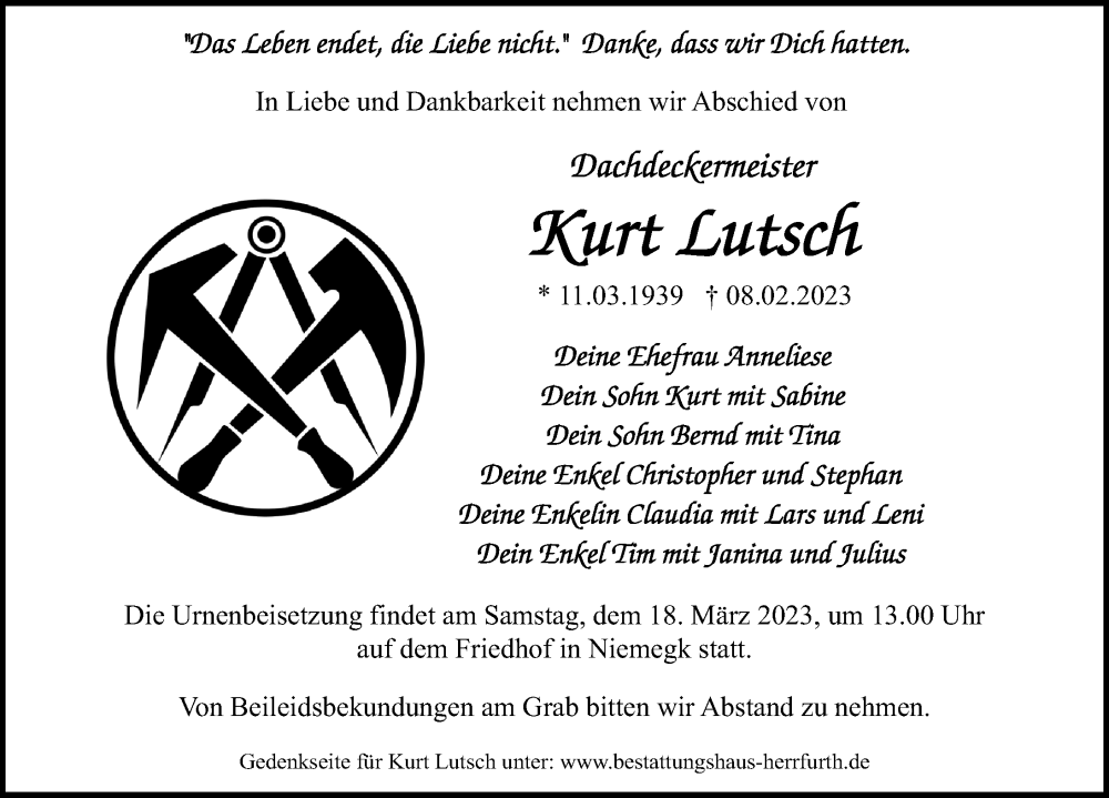  Traueranzeige für Kurt Lutsch vom 04.03.2023 aus Märkischen Allgemeine Zeitung