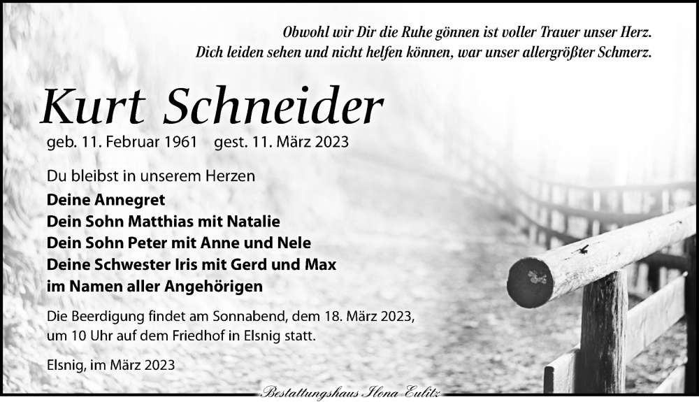  Traueranzeige für Kurt Schneider vom 16.03.2023 aus Torgauer Zeitung
