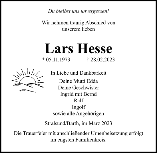 Traueranzeige von Lars Hesse von Ostsee-Zeitung GmbH