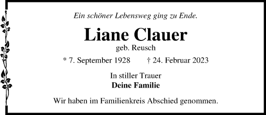 Traueranzeige von Liane Clauer von Lübecker Nachrichten