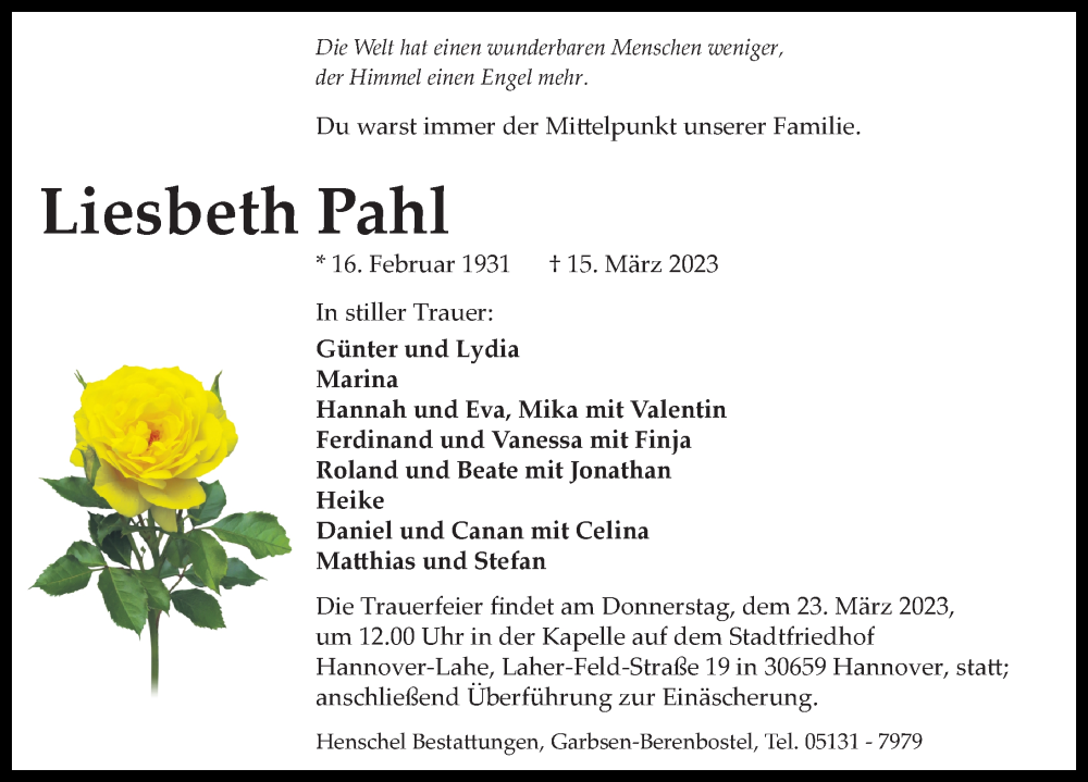  Traueranzeige für Liesbeth Pahl vom 18.03.2023 aus Hannoversche Allgemeine Zeitung/Neue Presse