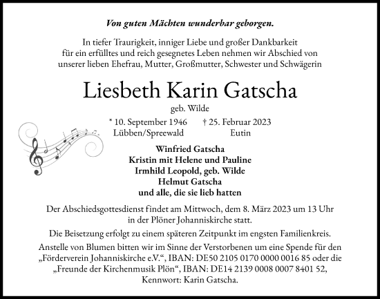 Traueranzeige von Liesbeth Karin Gatscha von Kieler Nachrichten