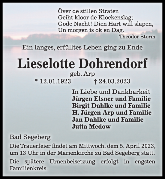 Traueranzeige von Lieselotte Dohrendorf von Kieler Nachrichten