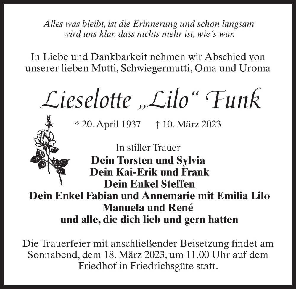  Traueranzeige für Lieselotte Funk vom 15.03.2023 aus Märkischen Allgemeine Zeitung