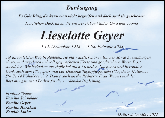 Traueranzeige von Lieselotte Geyer von Leipziger Volkszeitung