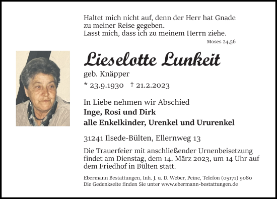 Traueranzeige von Lieselotte Lunkeit von Peiner Allgemeine Zeitung