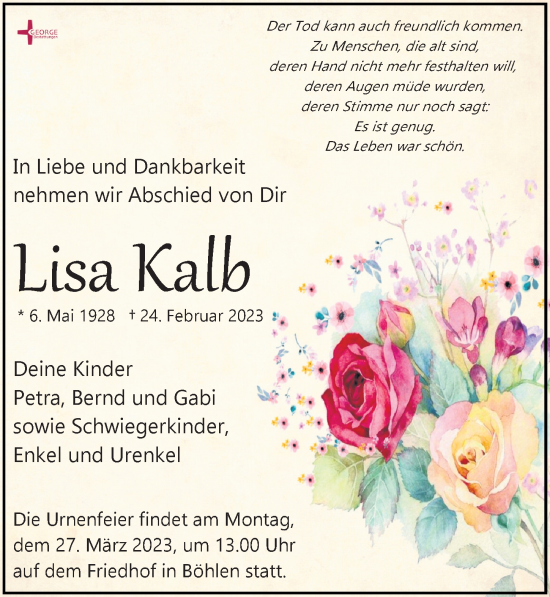 Traueranzeige von Lisa Kalb von Leipziger Volkszeitung